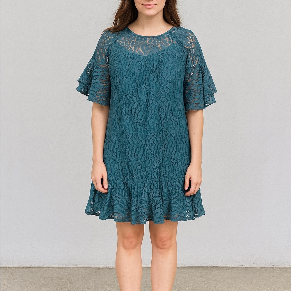 Francesca's Size Small Blue Shift Dress with Lace and Bell Sleeves